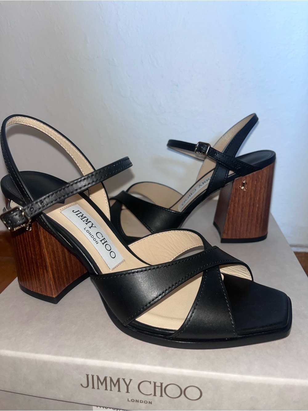 Jimmy Choo Black Leather Sandal with Wood-Tone Block Heel